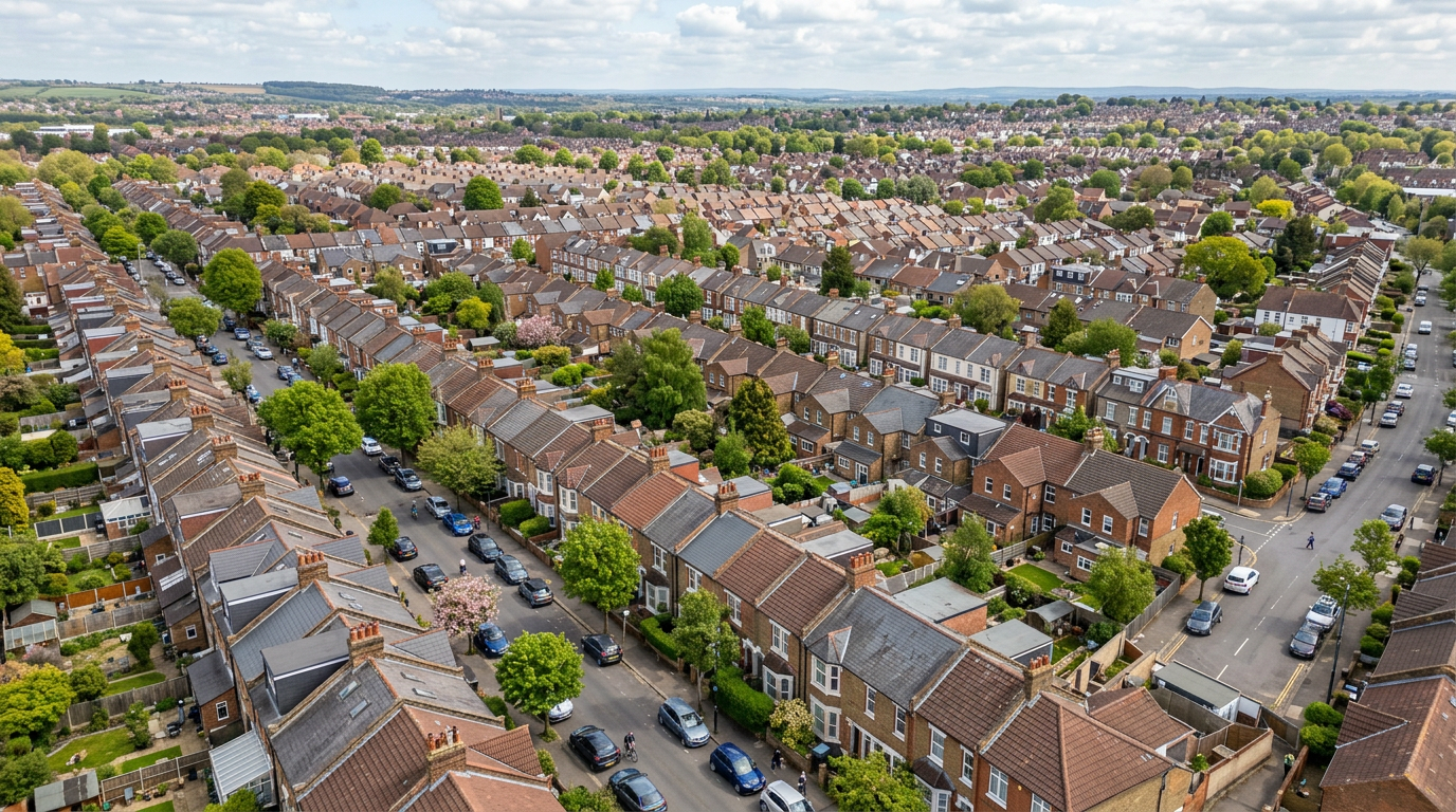 Aerial view over a UK residential neighbourhood of tiled and slate rooftops