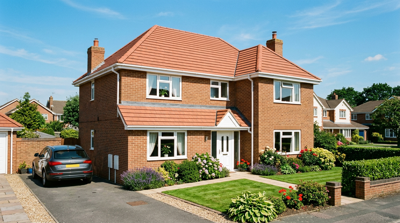 Modern UK detached house with a freshly installed clay-tiled roof