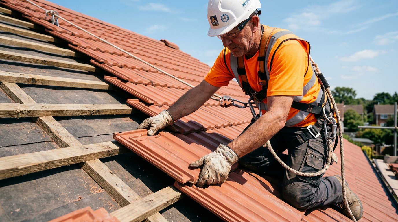 Roofer laying new clay roof tiles on a pitched roof