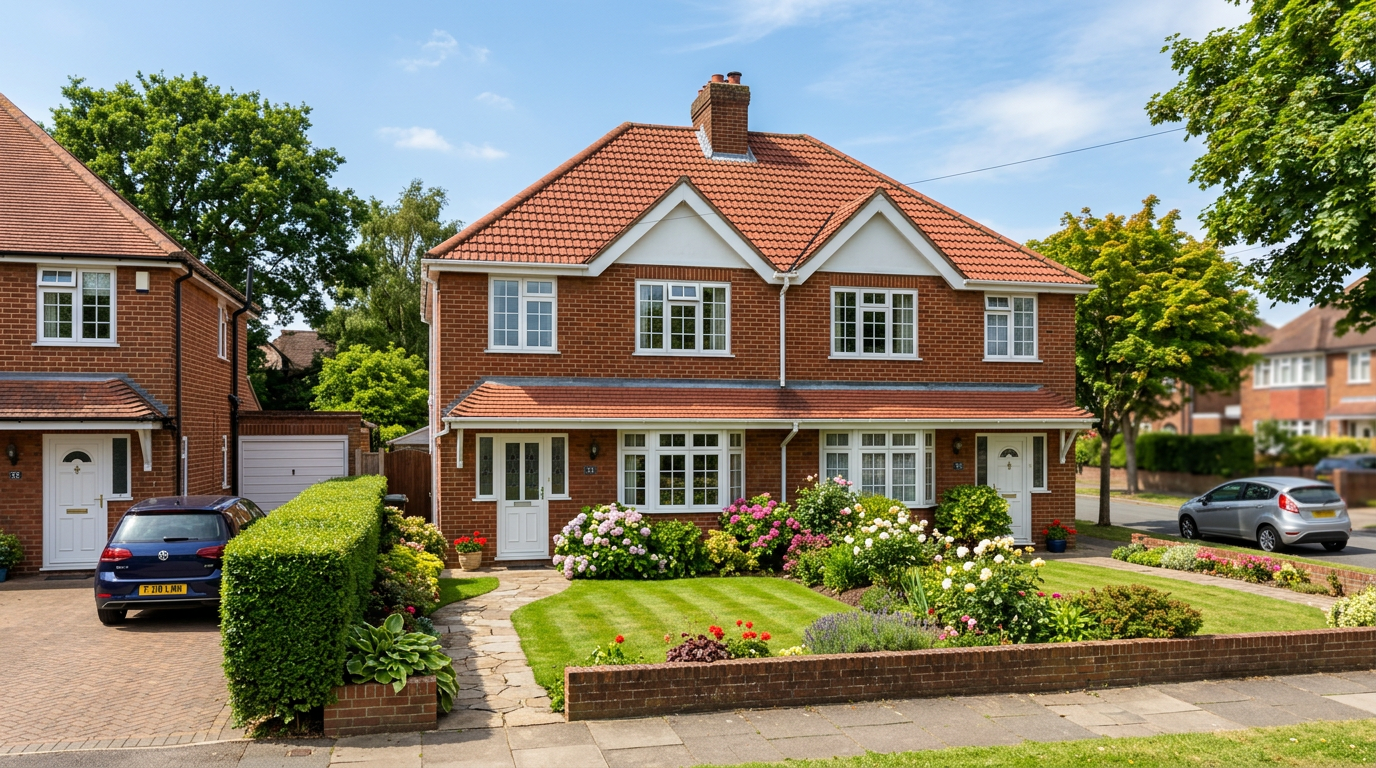 Well-maintained UK semi-detached house with an immaculate tiled roof