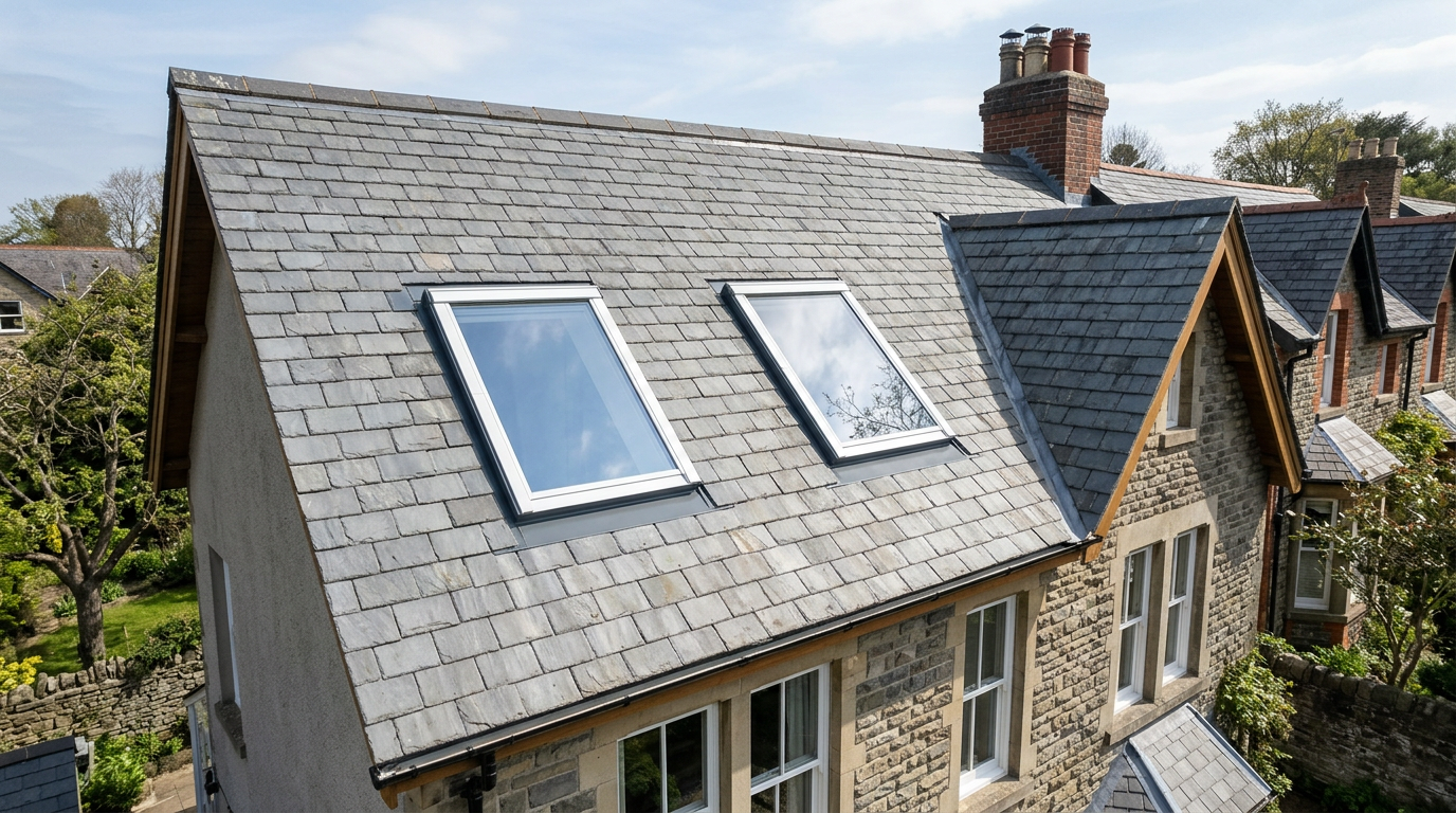 Velux skylight windows installed into a slate pitched roof